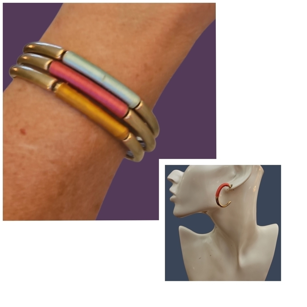 Threaded Colorful Matte Gold-Tone Stretch Bracelets and Hoop Earring Set